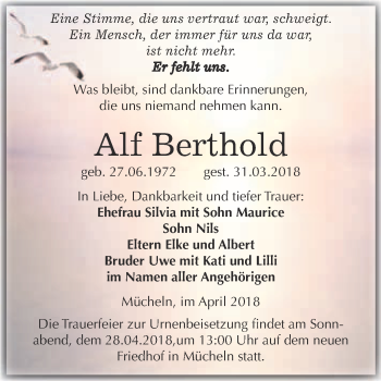 Traueranzeige von Alf Berthold von WVG - Wochenspiegel Merseburg