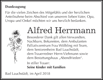 Traueranzeige von Alfred Herrmann von WVG - Wochenspiegel Merseburg