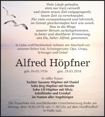 Traueranzeige von Alfred Höpfner von Mitteldeutsche Zeitung Halle/Saalkreis