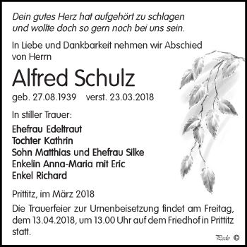 Traueranzeige von Alfred Schulz von WVG - Wochenspiegel NMB / WSF / ZTZ
