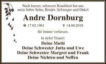 Traueranzeige von Andre Dornburg von WVG - Wochenspiegel Dessau / Köthen