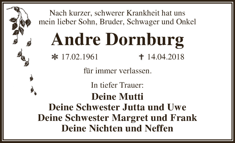  Traueranzeige für Andre Dornburg vom 21.04.2018 aus WVG - Wochenspiegel Dessau / Köthen