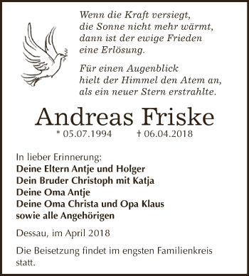 Traueranzeige von Andreas Friske von WVG - Wochenspiegel Dessau / Köthen