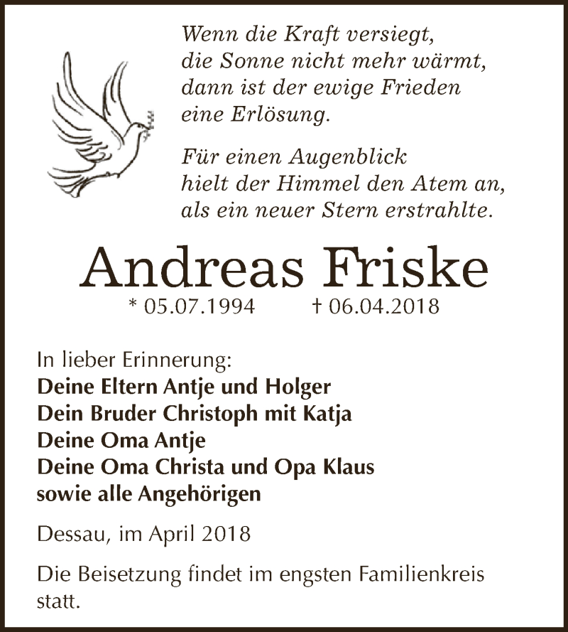 Traueranzeige für Andreas Friske vom 14.04.2018 aus WVG - Wochenspiegel Dessau / Köthen