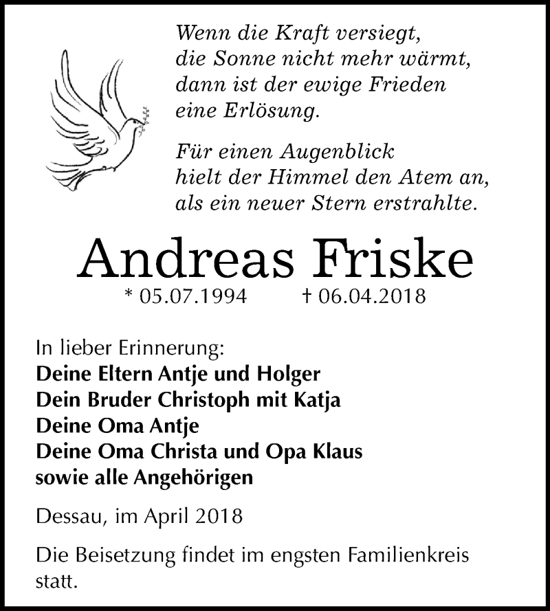  Traueranzeige für Andreas Friske vom 13.04.2018 aus Mitteldeutsche Zeitung Dessau-Roßlau