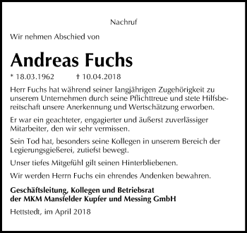 Traueranzeige von Andreas Fuchs von Mitteldeutsche Zeitung