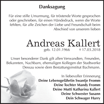 Traueranzeige von Andreas Kallert von WVG - Wochenspiegel Dessau / Köthen