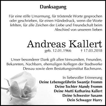 Traueranzeige von Andreas Kallert von Mitteldeutsche Zeitung Dessau-Roßlau