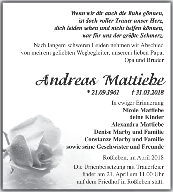 Traueranzeige von Andreas Mattiebe von Super Sonntag Merseburg