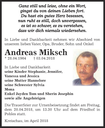 Traueranzeige von Andreas Miksch von WVG - Wochenspiegel NMB / WSF / ZTZ