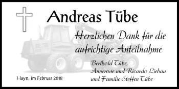Traueranzeige von Andreas Tübe von WVG - Wochenspiegel Quedlinburg