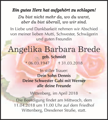 Traueranzeige von Angelika Barbara Brede von WVG - Wochenspiegel Wittenberg