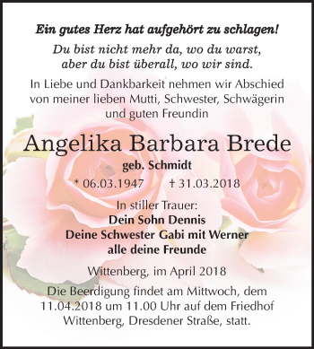 Traueranzeige von Angelika Barbara Brede von Mitteldeutsche Zeitung