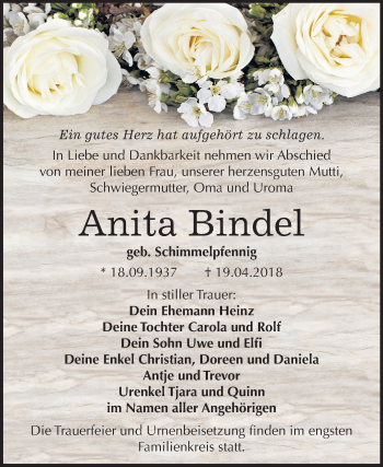 Traueranzeige von Anita Bindel von Mitteldeutsche Zeitung Bitterfeld