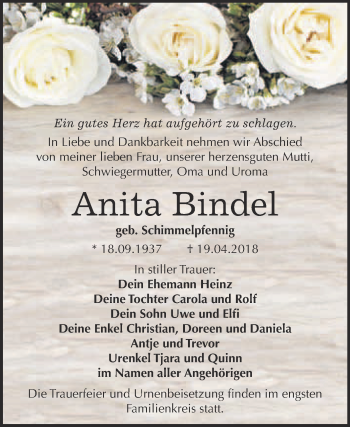 Traueranzeige von Anita Bindel von WVG - Wochenspiegel Bitterfeld