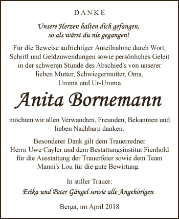 Traueranzeige von Anita Bornemann von Super Sonntag SGH Mansf. Land