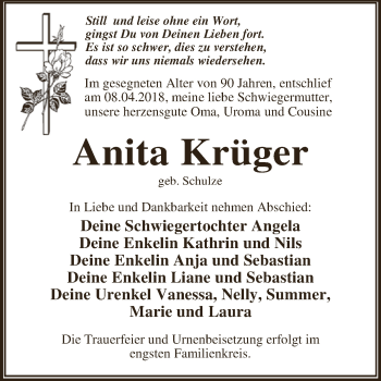 Traueranzeige von Anita Krüger von WVG - Wochenspiegel Dessau / Köthen