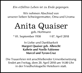 Traueranzeige von Anita Quaiser von Mitteldeutsche Zeitung Quedlinburg