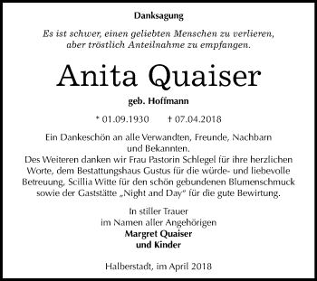Traueranzeige von Anita Quaiser von Mitteldeutsche Zeitung Quedlinburg