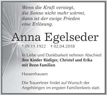 Traueranzeige von Anna Egelseder von WVG - Wochenspiegel NMB / WSF / ZTZ