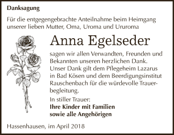 Traueranzeige von Anna Egelseder von WVG - Wochenspiegel NMB / WSF / ZTZ