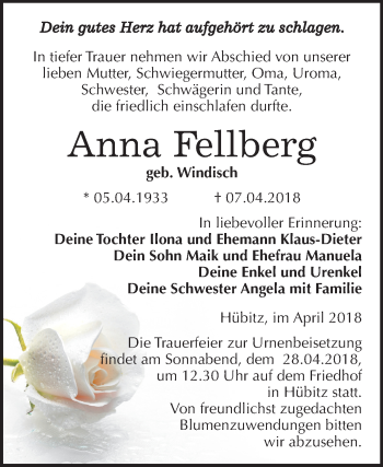 Traueranzeige von Anna Fellberg von Mitteldeutsche Zeitung