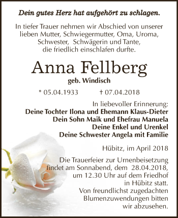Traueranzeige von Anna Fellberg von Wochenspiegel Mansfelder Land