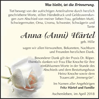 Traueranzeige von Anna Härtel von Super Sonntag Aschersleben