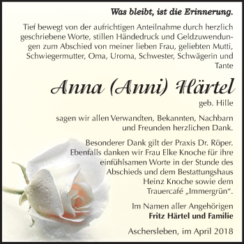 Traueranzeige von Anna Härtel von Mitteldeutsche Zeitung Aschersleben