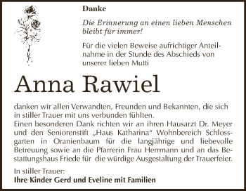 Traueranzeige von Anna Rawiel von WVG - Wochenspiegel Dessau / Köthen