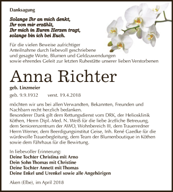 Traueranzeige von Anna Richter von WVG - Wochenspiegel Dessau / Köthen
