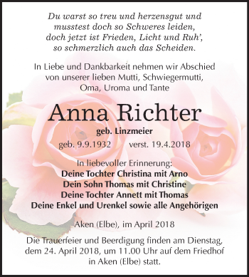 Traueranzeige von Anna Richter von Mitteldeutsche Zeitung Köthen