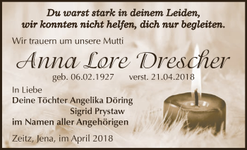Traueranzeige von Anna Lore Drescher von Super Sonntag Zeitz