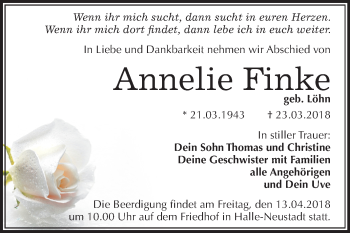 Traueranzeige von Annelie Finke von Mitteldeutsche Zeitung Halle/Saalkreis