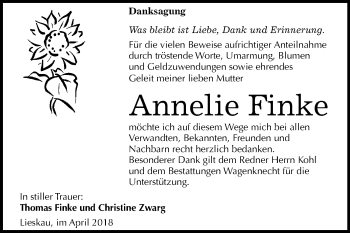 Traueranzeige von Annelie Finke von Mitteldeutsche Zeitung Halle/Saalkreis