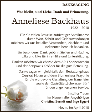 Traueranzeige von Anneliese Backhaus von Super Sonntag Aschersleben
