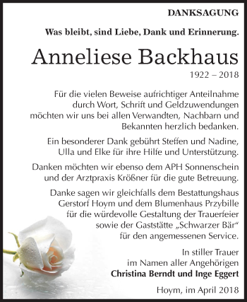 Traueranzeige von Anneliese Backhaus von Mitteldeutsche Zeitung Aschersleben
