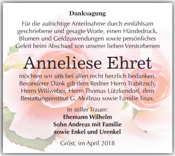 Traueranzeige von Anneliese Ehret von Mitteldeutsche Zeitung Merseburg/Querfurt