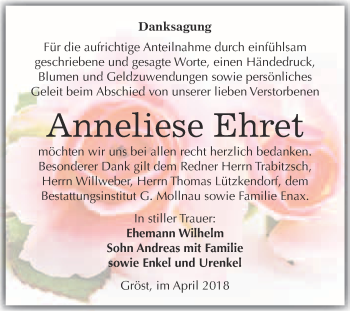 Traueranzeige von Anneliese Ehret von WVG - Wochenspiegel Merseburg