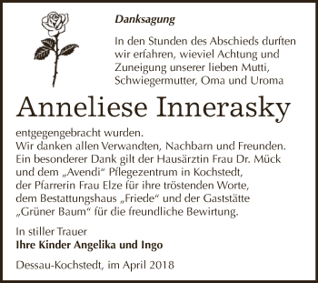 Traueranzeige von Anneliese Innerasky von WVG - Wochenspiegel Dessau / Köthen