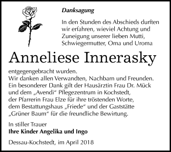 Traueranzeige von Anneliese Innerasky von Mitteldeutsche Zeitung