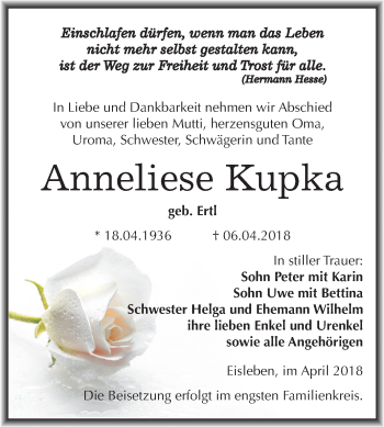 Traueranzeige von Anneliese Kupka von Mitteldeutsche Zeitung
