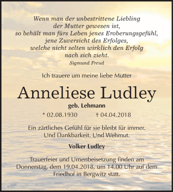 Traueranzeige von Anneliese Ludley von WVG - Wochenspiegel Wittenberg