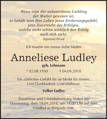 Traueranzeige von Anneliese Ludley von Mitteldeutsche Zeitung