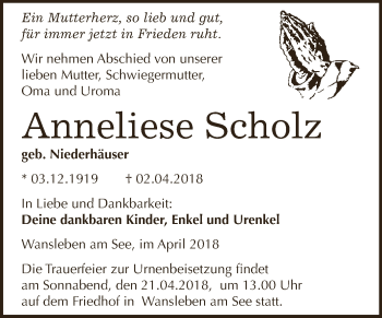 Traueranzeige von Anneliese Scholz von Super Sonntag SGH Mansf. Land