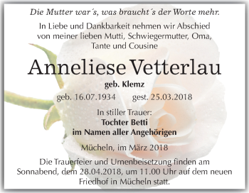 Traueranzeige von Anneliese Vetterlau von Mitteldeutsche Zeitung Merseburg/Querfurt