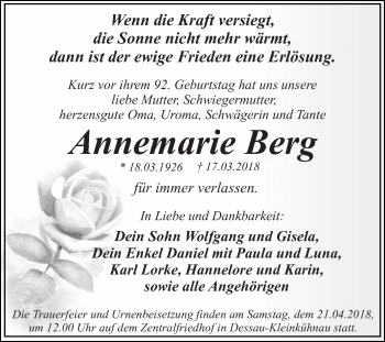 Traueranzeige von Annemarie Berg von WVG - Wochenspiegel Dessau / Köthen