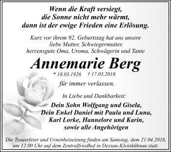Traueranzeige von Annemarie Berg von Mitteldeutsche Zeitung Dessau-Roßlau