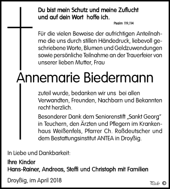 Traueranzeige von Annemarie Biedermann von Mitteldeutsche Zeitung Zeitz
