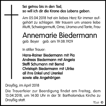 Traueranzeige von Annemarie Biedermann von Mitteldeutsche Zeitung Zeitz
